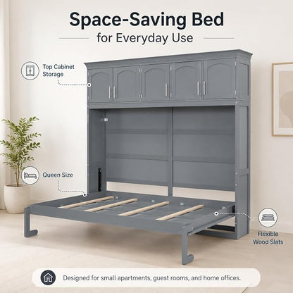 Queen Murphy Bed Cabinet, Wall Bed with Storage, Folding Cabinet Bed with Dual Piston Metal Mechanism, Murphy Cabinet Space Saving Bed for Guest Room, Home Office, Apartment(Gray 2)