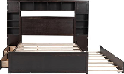 Merax Queen Size Wooden Bed with All-in-One Cabinet and Shelf, Espresso Platform Bed Frame with 2 Drawers, Trundle and Sockets