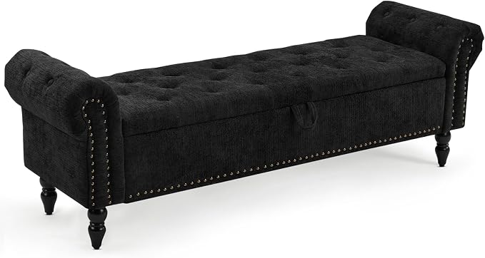 Furniliving 63” End of Bed Storage Bench, Bedroom Bench with Button-Tufted, Upholstered Storage Ottoman Benches Window Bench with Storage, Chenille Bench for Living Room, Entryway, Black