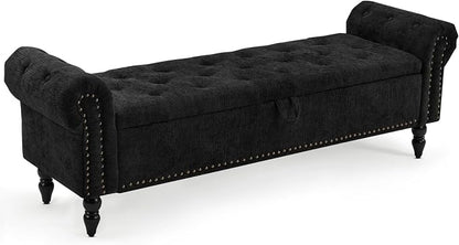 Furniliving 63” End of Bed Storage Bench, Bedroom Bench with Button-Tufted, Upholstered Storage Ottoman Benches Window Bench with Storage, Chenille Bench for Living Room, Entryway, Black