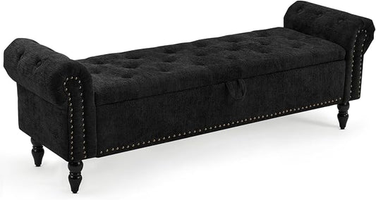 Furniliving 63” End of Bed Storage Bench, Bedroom Bench with Button-Tufted, Upholstered Storage Ottoman Benches Window Bench with Storage, Chenille Bench for Living Room, Entryway, Black