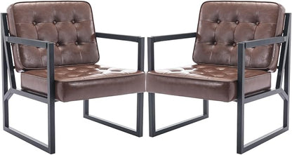 COLAMY Mid Century Modern Accent Chair Set of 2, Comfy Living Room Chair, Brown Leather Accent Chair, Faux Leather Reception Armchair with Metal Legs for Living Room Bedroom Reception Office, Brown