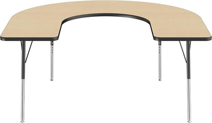 FDP Horseshoe Activity School and Office Table (60 x 66 inch), Standard Legs with Swivel Glides for Collaborative Seating Environments, Adjustable Height 19-30 inches - Maple Top and Black Edge