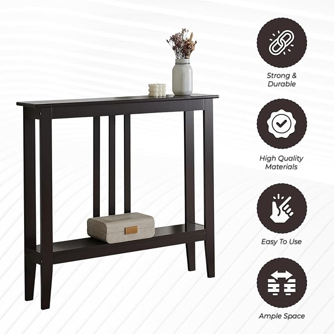 Kings Brand Narrow Console Table w/Storage Shelf, Sofa Entryway, Espresso | Narrow Console Table with Storage Shelf – Slim Design Fits Entryways, Hallways, Behind Sofas, Shelf Décor, Books, Essentials