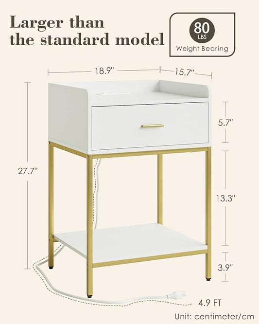Masupu Nightstand with Charging Station, 3-Tier Modern Bedside Night Stand with Storage Drawer and Shelf, Large End Side Table for Bedroom, Living Room,White