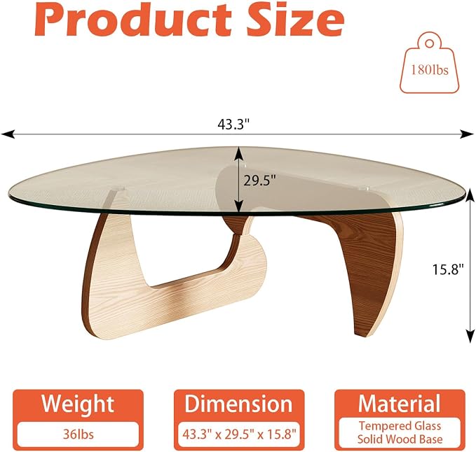 Modern Coffee Table for Living Room and Small Spaces, 43.3" x 29.5" x 15.8" Triangle Tempered Glass Table Top and Eco-Friendly Solid Wood Base, Natural Wood