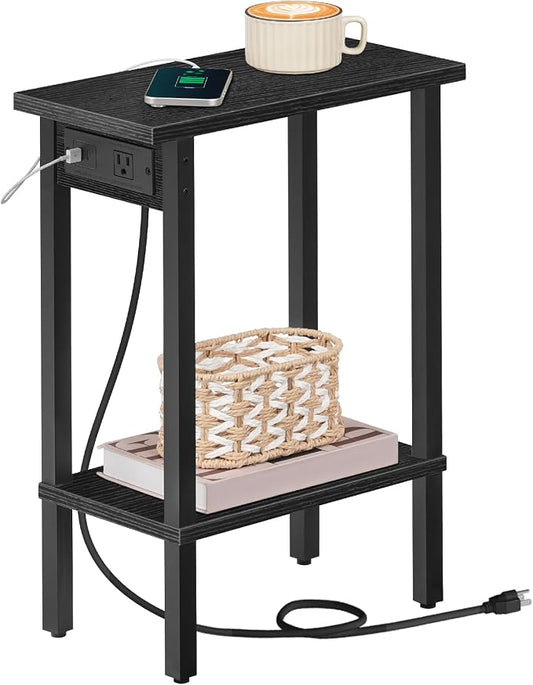 HOOBRO Small End Table with Charging Station, Narrow Side Table with USB Port and Outlets, Skinny Sofa Table, Slim Nightstand, Living Room, Bedroom, Black BK240UBZ01