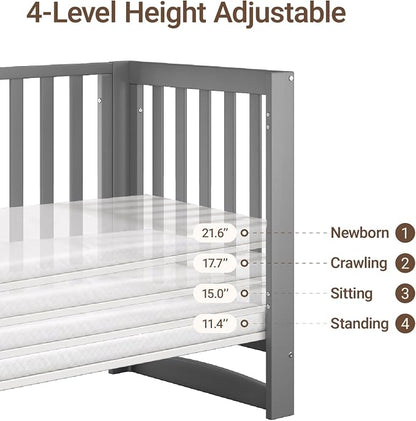 MAMAZING EvoNest 6-in-1 Convertible Baby Mini Crib with Wheels | GREENGUARD Gold Certified, New Zealand Pine Wood, 4 Adjustable Heights, Rocking Mode, Small Spaces Design, Grey