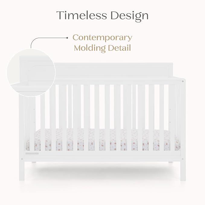 Delta Children Isabelle 6-in-1 Convertible Crib, Converts to Toddler Bed, Daybed, Sofa & Full Bed with/Without Footbaord, Greenguard Gold Certified, Mattress Heights, Bianca White