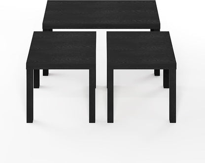 Furinno Classic Living Room Table Set of 3, Modern Rectangle Coffee Table with 2 Square Side Tables, End Tables, 1.8 Inch Thick Tabletop for Living Room, Home Office, Black