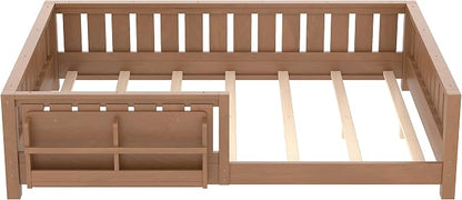 Bellemave Queen Size Floor Bed with high Rails and with Built-in Bookshelf for Kids, Girls, Boys, Wood Montessori Floor Bed Without Door, Natural