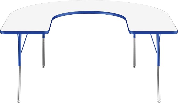 FDP Dry-Erase Horseshoe Activity School and Office Table (60 x 66 inch), Standard Legs with Swivel Glides for Collaborative Spaces, Adjustable Height 19-30 inches - Whiteboard Top, Blue Edge and Legs