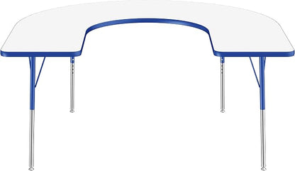 FDP Dry-Erase Horseshoe Activity School and Office Table (60 x 66 inch), Standard Legs with Swivel Glides for Collaborative Spaces, Adjustable Height 19-30 inches - Whiteboard Top, Blue Edge and Legs