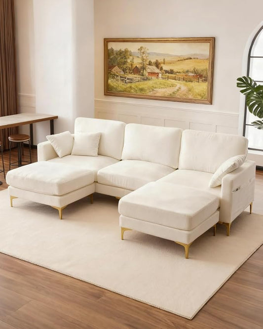 Karl home 99.6" 3-Seat U-Shaped Sectional Sofa, Creamy | Chenille Upholstered, 2 Movable Ottomans, Cloud-Like Seat, 2 Throw Pillows, Comfy Deep Seat, Living Room, Apartment, Office