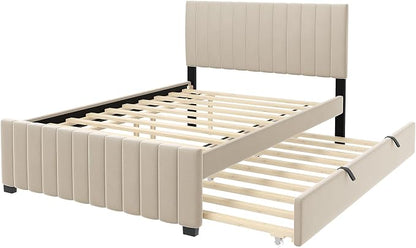 Bellemave Full Bed Frame with Trundle Bed,Velvet Upholstered Platform Bed Frame,Full Size Trundle Bed with Headboard for Kids Teens Adults,Beige