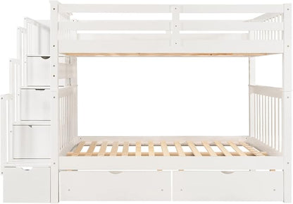 RUNNA Full Over Full Bunk Bed, Convertible, Storage Stairs White | Full over full bunk bed, convertible split design, storage stairs, solid pine wood, guardrails, no box spring needed,White