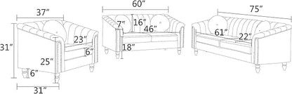 Sectional Sofa Set, Microfiber Chesterfield Upholstered Sofas Loveseat Couch Chair Sets with Style Button Tufted, Scroll Arms and Nailhead for Living Room, Office, Apartment, White,S