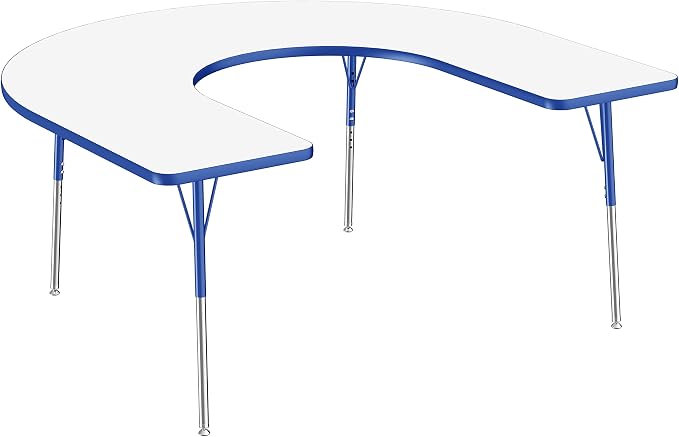 FDP Dry-Erase Horseshoe Activity School and Office Table (60 x 66 inch), Standard Legs with Swivel Glides for Collaborative Spaces, Adjustable Height 19-30 inches - Whiteboard Top, Blue Edge and Legs