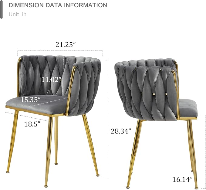 Velvet Dining Chairs Set of 6, Modern Upholstered Dining Room Chairs with Golden Metal Legs and Woven Backrest for Dining Room, Kitchen, Vanity, Living Room (Grey)