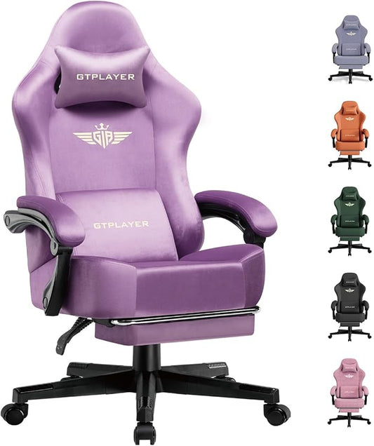 GTPLAYER Gaming Chair Fabric with Pocket Spring Cushion, High Back Ergonomic Computer Chair with Footrest for Adults Lumbar Support Swivel Game Chair for Office Gaming 350LBS, Light Purple