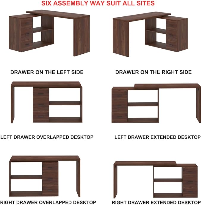 HSH Walnut Home Office Desk L Shaped with Drawers, Reversible Wood Computer Desk Table for Executive Work Writing Study Gaming, Rustic Corner L Desk with Storage Cabinet Shelves for Bedroom, 55 Inch