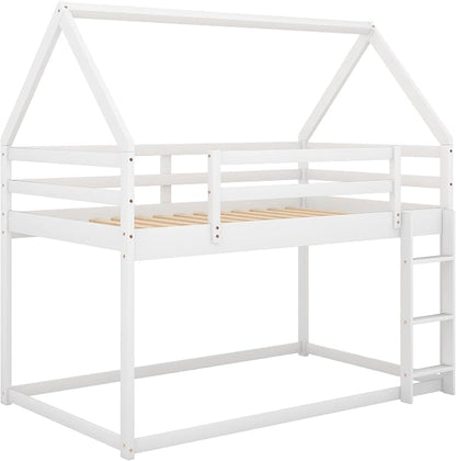 Merax Modern Floor Bunk Bed with Ladder Twin Over Twin, Wood House Shaped Bunk Bed Frame for Kids Boys Girls, No Box Spring Needed White