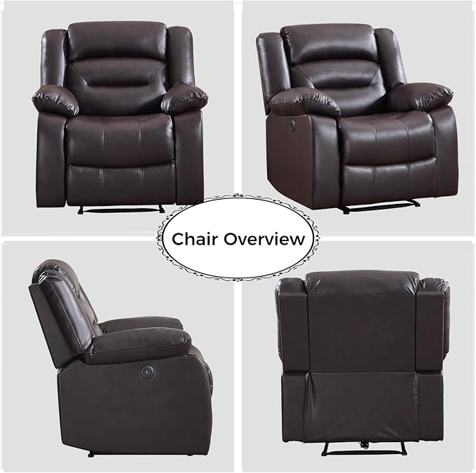 EBELLO Classic Power Recliner Chair, Faux Leather Oversized Electric Overstuffed Chair with Thicked Cushion and Back, Single Sofa with Comfortable Armchair, Brown, 2Pcs