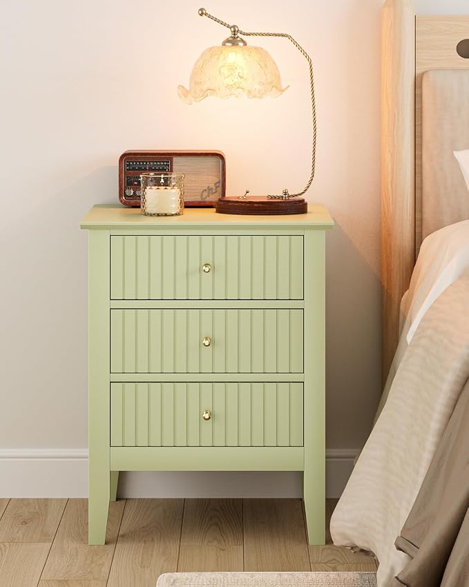 Fluted Nightstand, Farmhouse Night Stand with 3 Drawers, Mid Century Modern Side Accent Table,Bedside End Table for Bedroom, Living Room, Pale Green
