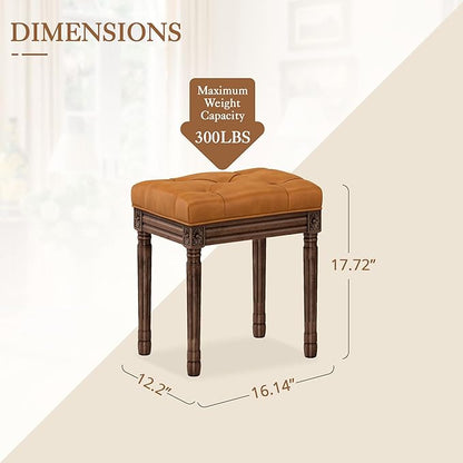LUE BONA Upholstered Fabric Vanity Bench Seat, Makeup Stools for Vanity, Square Tufted Ottoman Bench with Carved Dark Brown Color Legs for Bedroom Living Room, Whiskey Brown