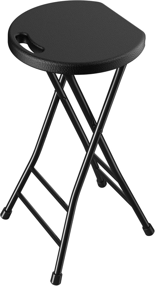 24 Inch Folding Stool, Portable Folding Stool with Handle & Non-Slip Feet, Sturdy 440lbs Capacity Folding Bar Stool for Kitchen, Camping, Fishing, Black