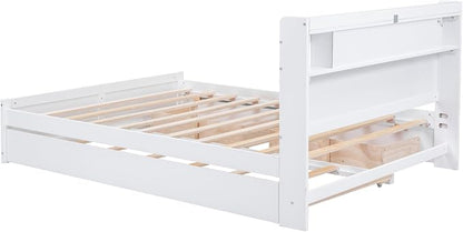 GDFStudio Queen Size Storage Bed with LED Headboard, 2 Drawers and Twin Trundle, Modern Wooden Platform Bed Frame for Bedroom Organization, No Box Spring Needed, Easy Assembly, White