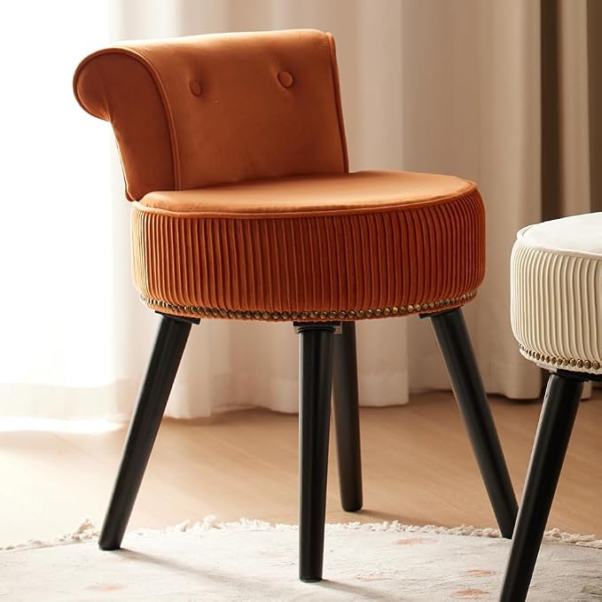 Vanity Chair with Back, Velvet Stool with Low Backrest & Gold Nailhead Trim, Round Vanity Seat for Bedroom and Bathroom Makeup, Support 220lbs, Easy Assembly (Orange)