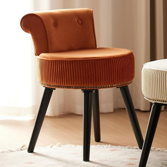 Vanity Chair with Back, Velvet Stool with Low Backrest & Gold Nailhead Trim, Round Vanity Seat for Bedroom and Bathroom Makeup, Support 220lbs, Easy Assembly (Orange)