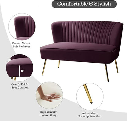 TINA'S HOME Contemporary Velvet Loveseat Sofa, Upholstered Loveseat Couch with Golden Metal Legs, Small Tufted 2-Seat Sofa Armless Love Seat for Living Room, Bedroom, Apartment Small Spaces, Purple
