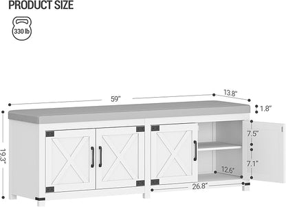 Hzuaneri Shoe Storage Bench, 2 Tier Shoe Bench with Padded Seat Cushion & 4 Barn Doors, 59" Entryway Bench with Adjustable Shelf, Farmhouse Shoe Cabinet for Living Room, Bedroom, White SB31503GY
