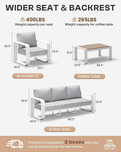 Oversized Aluminum Outdoor Furniture Set, Extra Large Patio Furniture Sofa Set 4.8” Widened Armrest & Ultra-Thick Cushions, 4 Pcs Modern Patio Sectional for Backyard, Porch, White