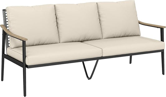 Outsunny Outdoor Patio Couch, 3 Seater Outdoor Sofa with Wood-Effect Armrests and Wicker Backrest, Outdoor Patio Furniture Couch with Cushions, Steel Frame for Porch, Garden, Backyard, Khaki
