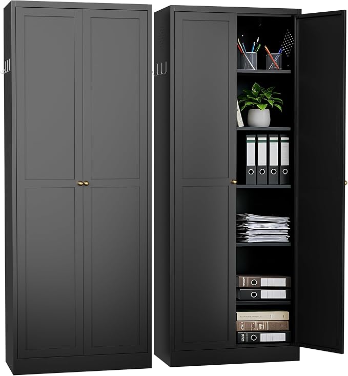 72" Metal Storage Cabinet, Large Capacity Pantry Cabinet with 6-Tier, Kitchen Storage Cabinet with 2 Doors and 5 Adjustable Shelves for Home, Kitchen, Dining, Living Room (Black)