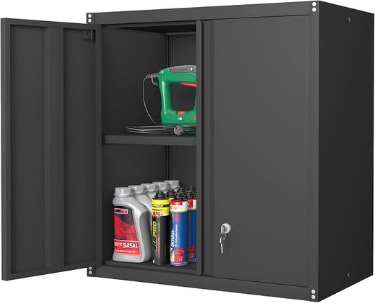 28" H Garage Storage Cabinet, Metal Garage Wall Cabinets with Doors and Shelves, Small Wall Mount Cabinet for Kitchen, Garage, Laundry Room, Pantry, Black