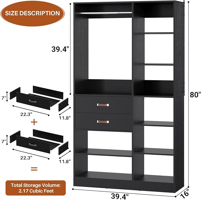 Armocity Freestanding Closet System, 40 Inches Stand-Alone Wardrobe with 10 Shelves, 80'' Height Adjustable Cloth Garment Rack with 2 Wood Drawers, Wood Walk-in Closet with Hanging Rod, Black