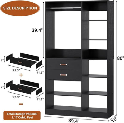 Armocity Freestanding Closet System, 40 Inches Stand-Alone Wardrobe with 10 Shelves, 80'' Height Adjustable Cloth Garment Rack with 2 Wood Drawers, Wood Walk-in Closet with Hanging Rod, Black