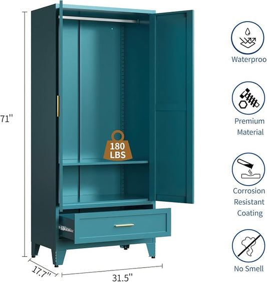 Steel Armoire Wardrobe Closet, 71" Metal Clothing Storage Cabinets with 2 Doors, 1 Drawer & 1 Adjustable Shelf, Blue Wardrobe Cabinet with Hanging Rod for Bedroom, Gym