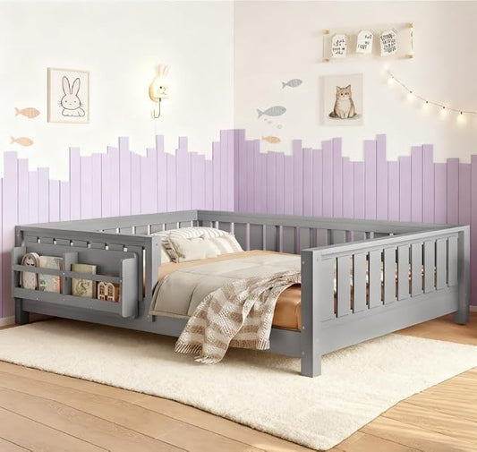Bellemave Full Size Floor Bed with high Rails and with Built-in Bookshelf for Kids, Girls, Boys, Wood Montessori Floor Bed Without Door, Gray