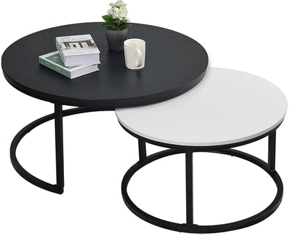 WiberWi Round Coffee Table, Nesting Tables Set of 2, Large : Ø 34.0", Small : Ø 26.0", Modern Design Furniture Side End Table for Living Room, Metal Frame Sofa Table Cocktail Table, Black & White