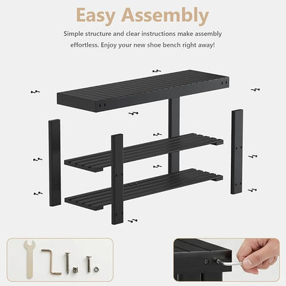 Sweetcrispy 3-Tier Shoe Rack Bench for Entryway, 35 Inches, Black | Bamboo Shoe Storage Bench, Shoes Rack for Entrance, Living Room, Balcony, 8 Pairs, 286lb Capacity