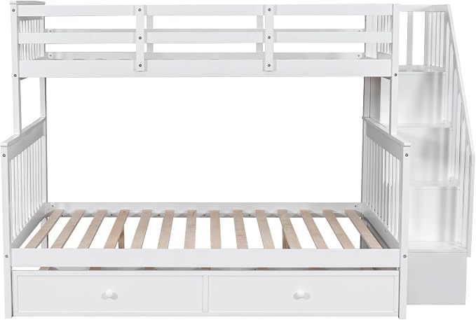 MERITLINE Twin Over Full Bunk Bed with Trundle, Storage Staircase,Solid Wood Bunk Bed with Stairs Box and Guardrail, No Spring Box Needed (White &Trundle,Twin Over Full)