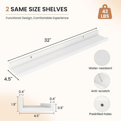 Dreamland Picture Ledge Shelf for Wall, Floating Shelves Set of 2, 32 Inch Long Floating Shelves with Lip for Living Room, Bedroom, Bathroom, Kitchen, White