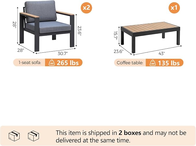 3-Piece Balcony Patio Furniture Set, Gray Aluminum Outdoor Chair Set with 2 Single Patio Chairs & Coffee Table, 1.5mm Thick Rustproof Frame, Waterproof Removable Cushions for Small Balcony Front Porch