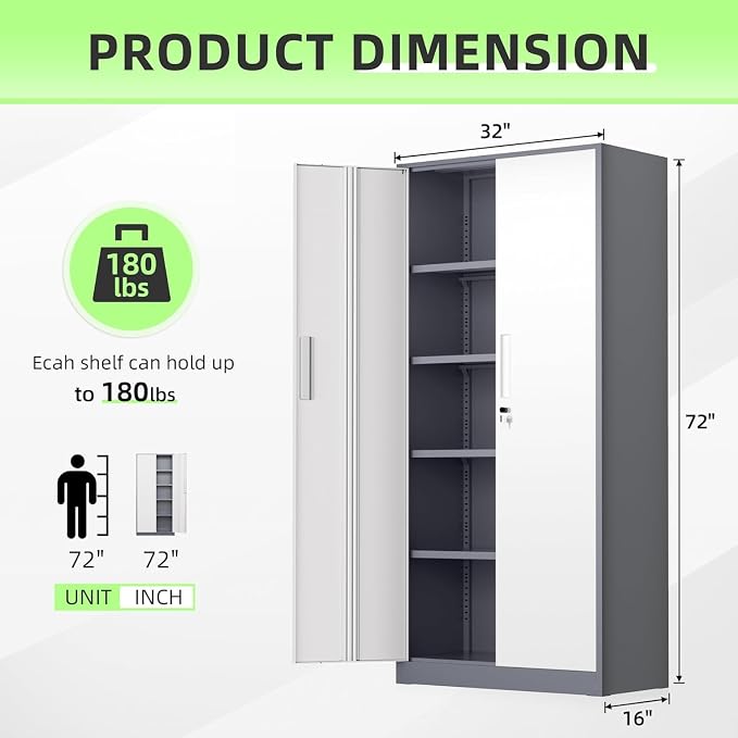 Bonusall 72" Metal Garage Storage Cabinet, 2 Locking Doors & 4 Adjustable Shelves Tall Storage, Heavy Duty Steel Tool Cabinet for Home, Office