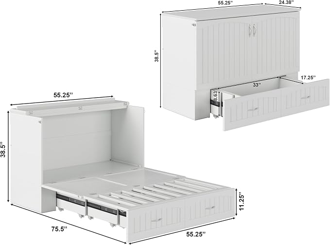 AFI, Southampton Murphy Bed Chest Full with 6" Mattress, Built-in USB Charger & Storage Drawer, White